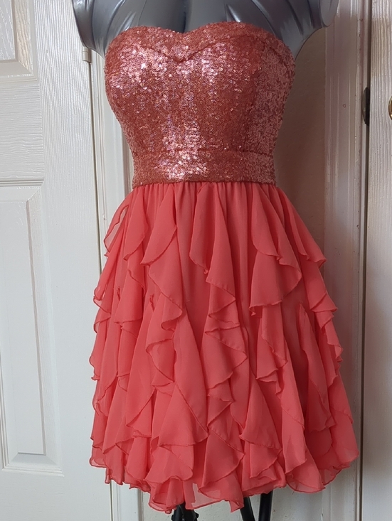 Windsor Dresses & Skirts - Windsor Coral Pink Strapless Sequin Bodice-Shifon Ruffle-Tiers Skirt/Mini Dress